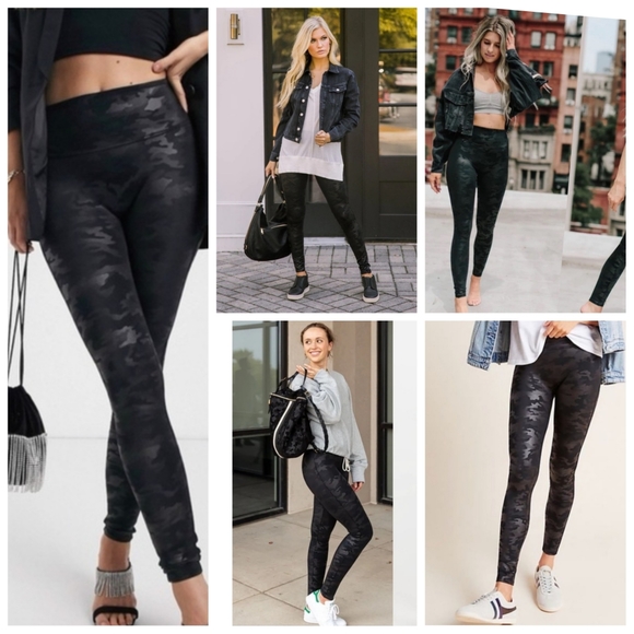 SPANX Womens Black Faux Leather Camouflage Print Shapewear Leggings Size L   EUC - Picture 2 of 15